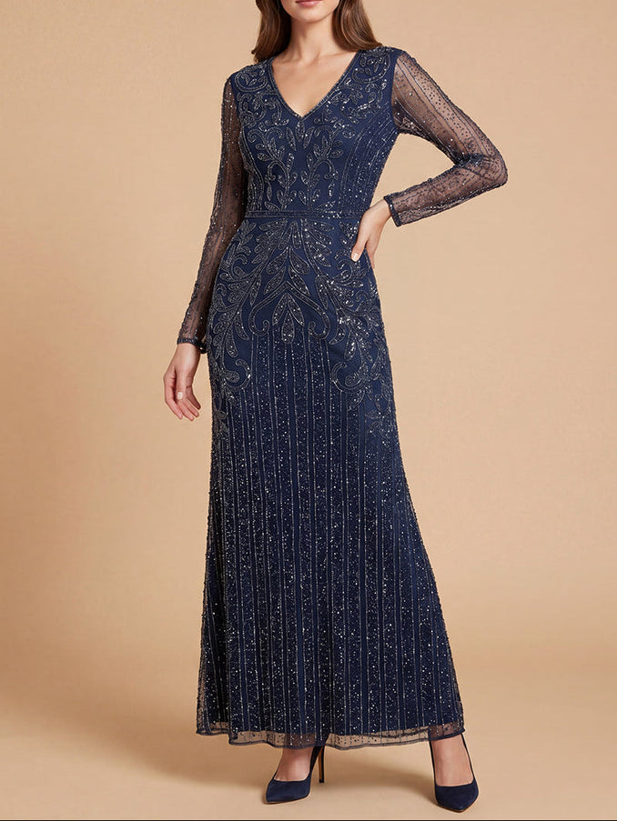 Long Sleeve Beaded Gown | 28841 Navy