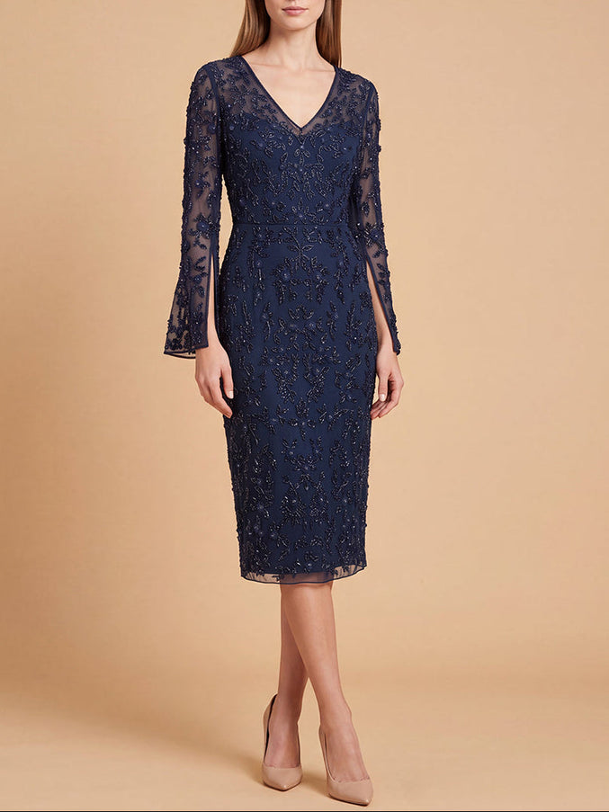 3D Floral Embellished Midi Dress with Cape Sleeves | 28847 Midnight
