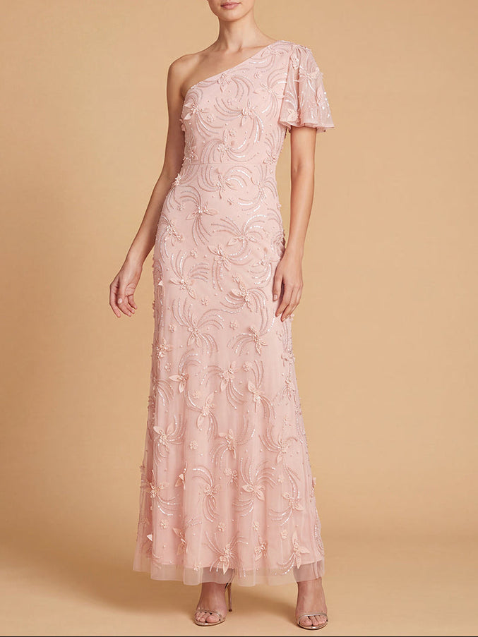 3D Floral Embellished One Shoulder Gown | 28848 Rose Pink