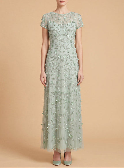 3D Floral Embellished Gown with Cap Sleeves | 28850 Mint