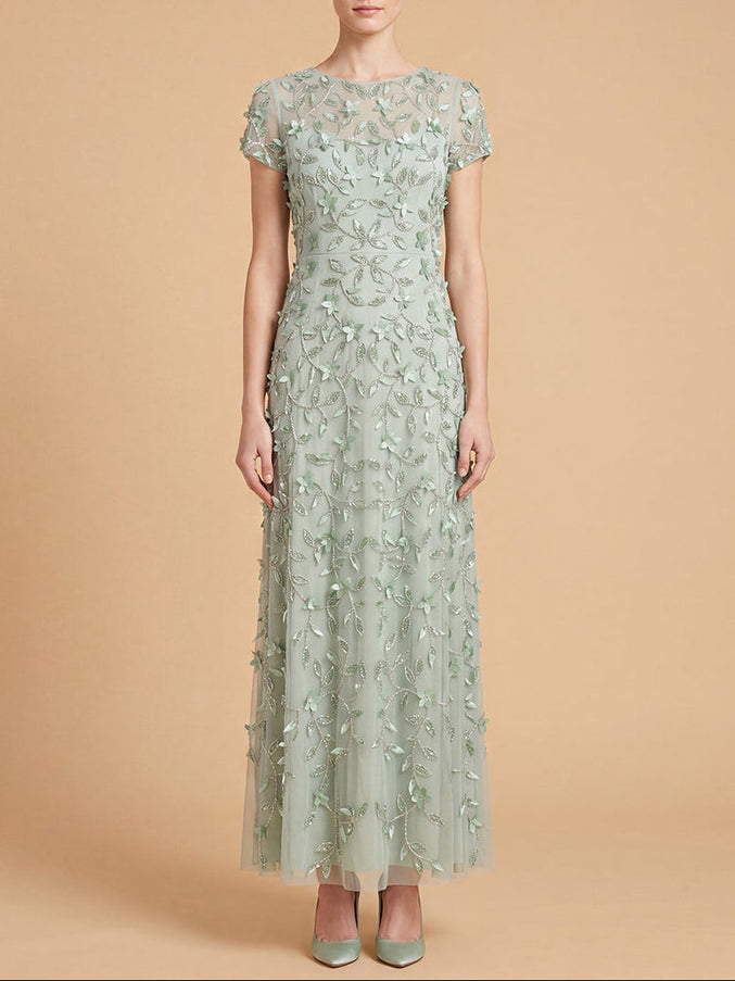3D Floral Embellished Gown with Cap Sleeves | 28850 Mint