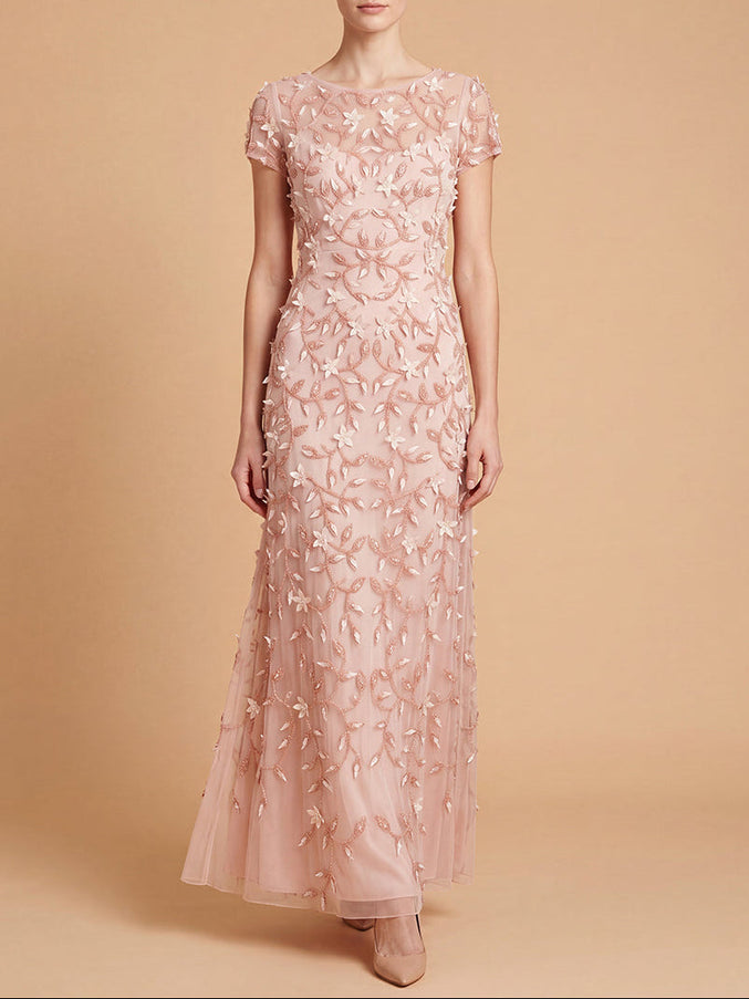 3D Floral Embellished Gown with Cap Sleeves | 28850 Peach Rose