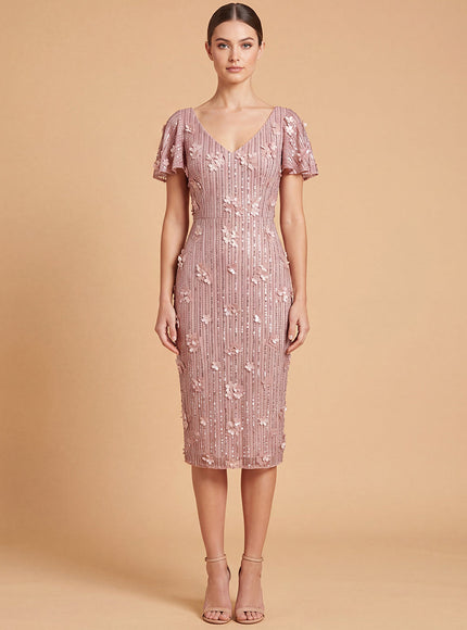 3D Floral Embellished Midi Dress with Cape Sleeves | 28851