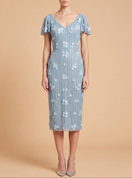 3D Floral Embellished Midi Dress with Cape Sleeves | 28851 Sky