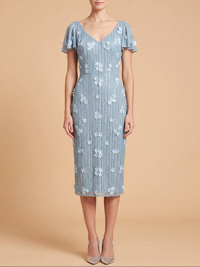 3D Floral Embellished Midi Dress with Cape Sleeves | 28851 Sky