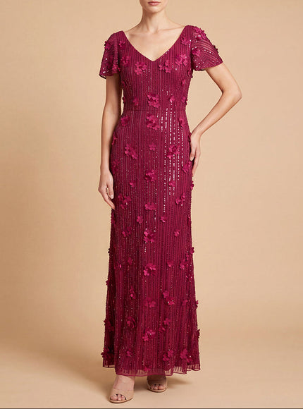 3D Floral Embellished Gown with Cape Sleeves | 28852 Cranberry