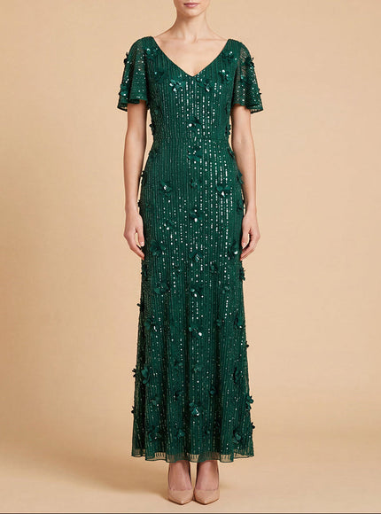 3D Floral Embellished Gown with Cape Sleeves | 28852 Emerald
