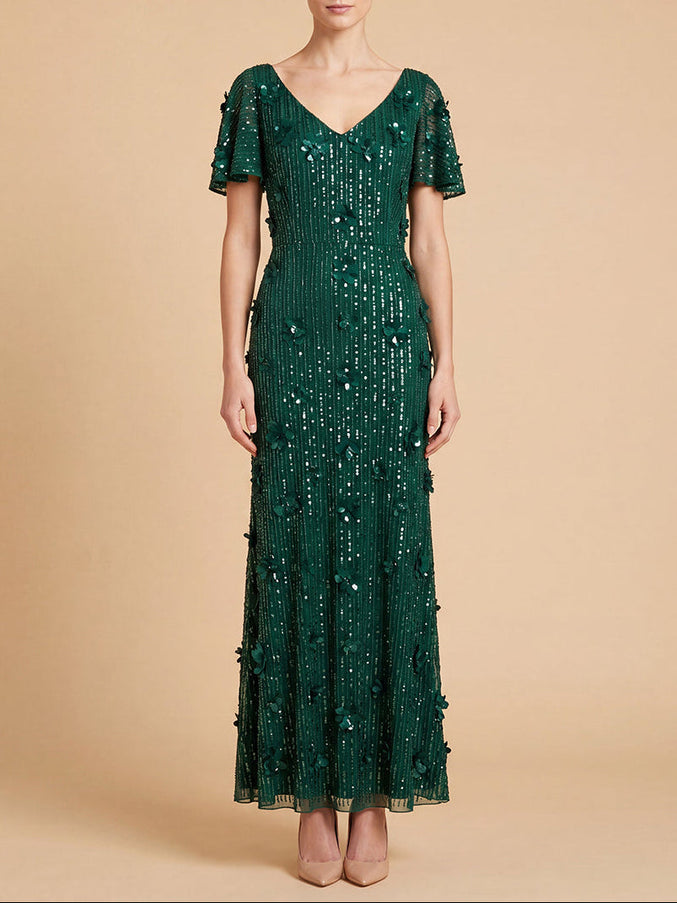 3D Floral Embellished Gown with Cape Sleeves | 28852 Emerald
