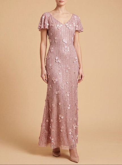 3D Floral Embellished Gown with Cape Sleeves | 28852 Rose