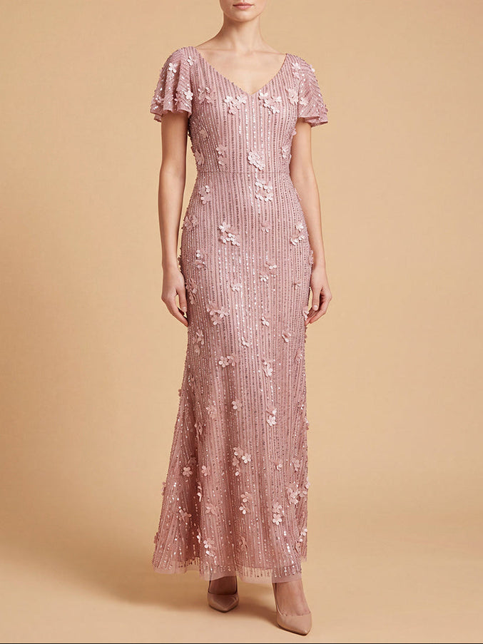 3D Floral Embellished Gown with Cape Sleeves | 28852 Rose