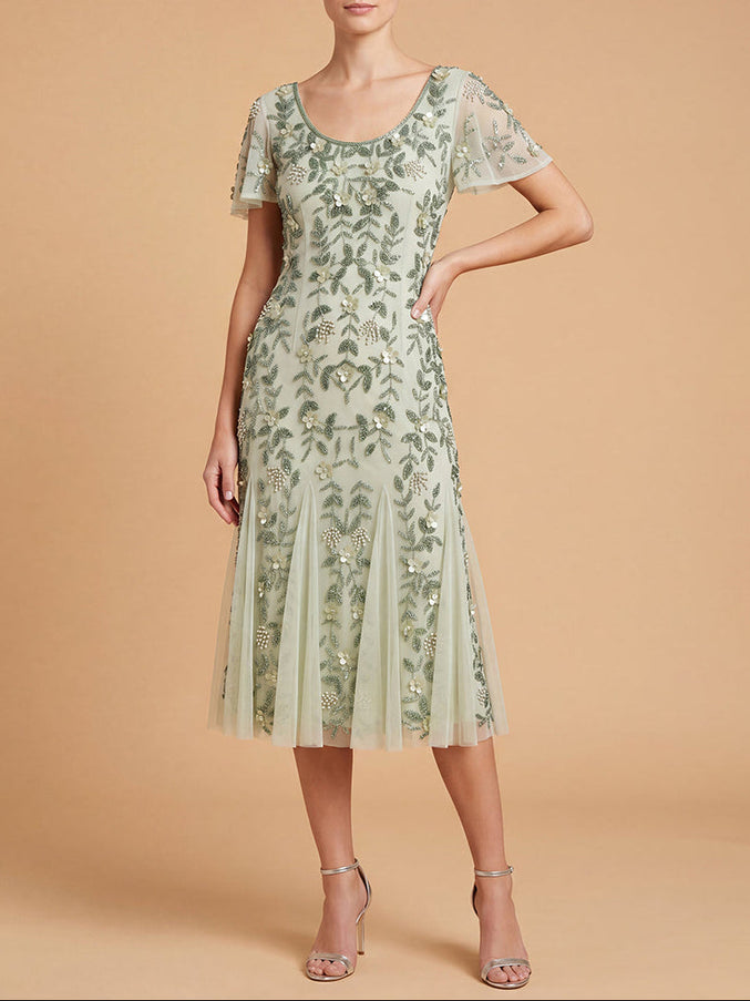 3D Floral Embellished Midi Dress with Cape Sleeves | 28853 Mint