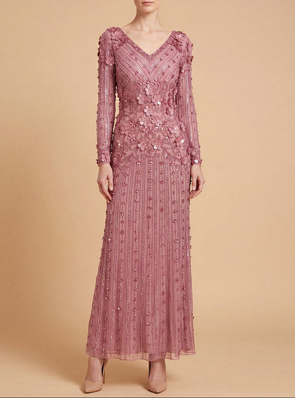 3D Floral Embellished Long Sleeve Gown | 28854 Deep Rose