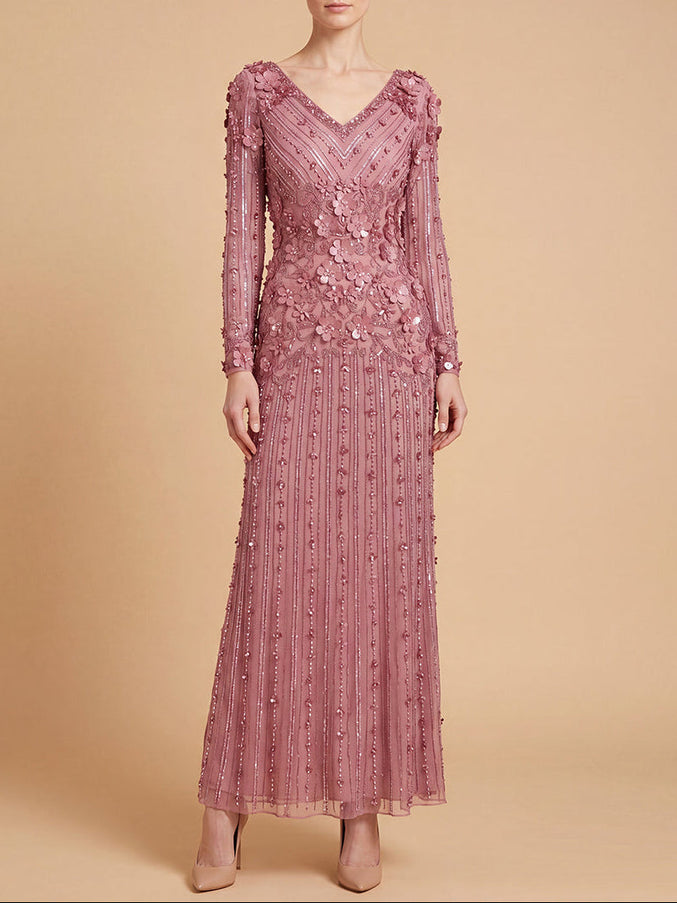 3D Floral Embellished Long Sleeve Gown | 28854 Deep Rose