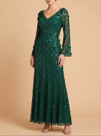 3D Floral Embellished Long Sleeve Gown | 28854 Emerald