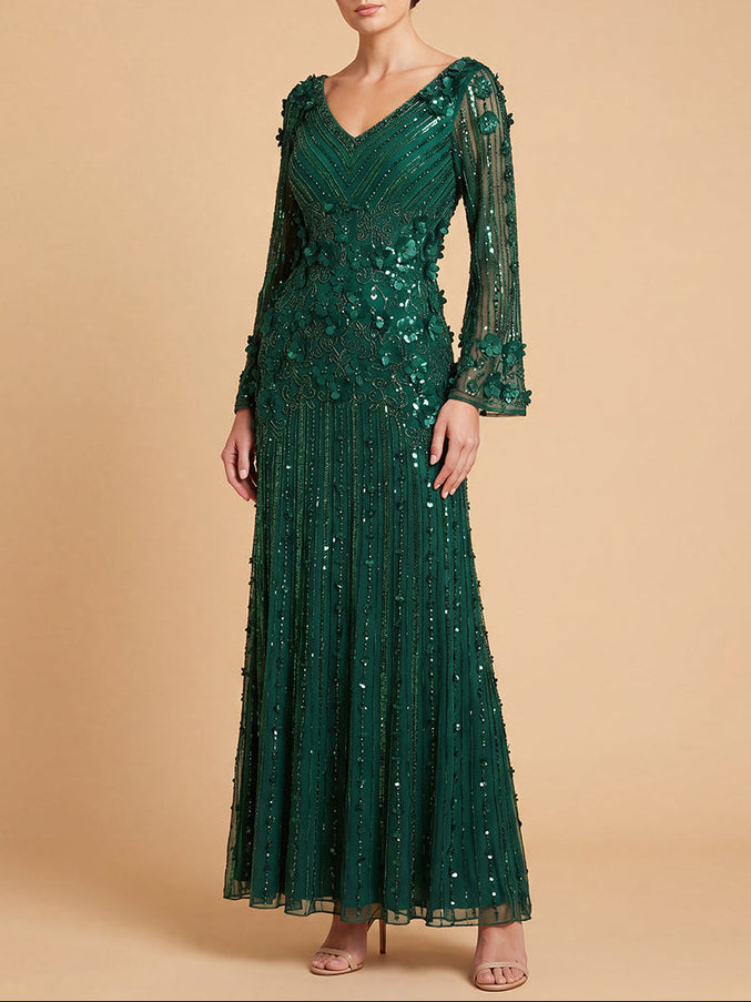 3D Floral Embellished Long Sleeve Gown | 28854 Emerald