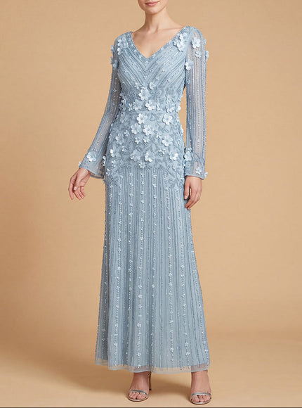 3D Floral Embellished Long Sleeve Gown | 28854 Sky