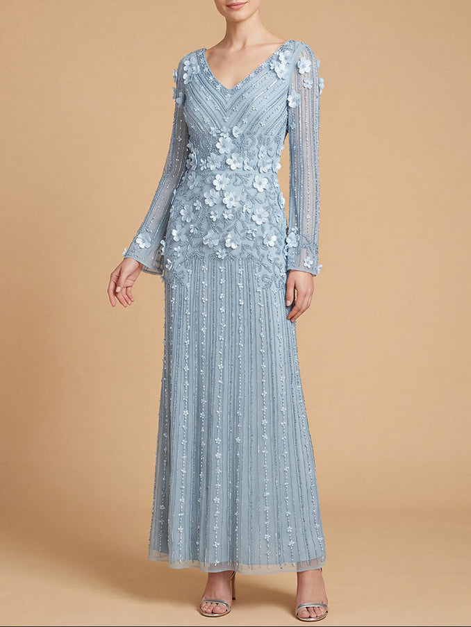 3D Floral Embellished Long Sleeve Gown | 28854 Sky