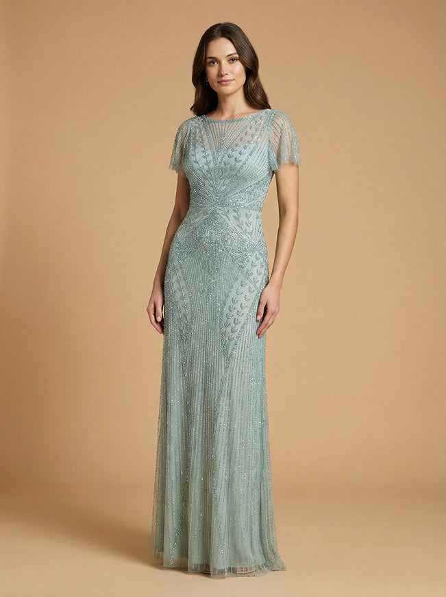 Lara 28856 Beaded Flutter Sleeve Gown Dusty Green