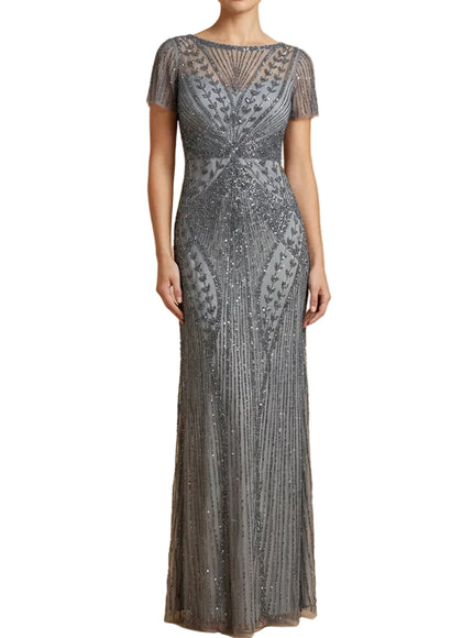 Lara 28856 Beaded Flutter Sleeve Gown Mid Grey