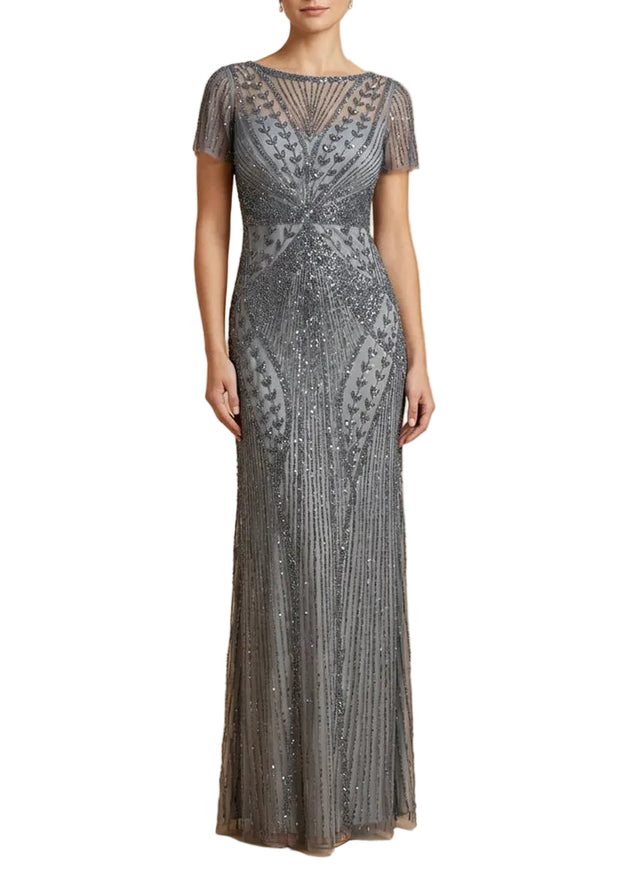 Lara 28856 Beaded Flutter Sleeve Gown Mid Grey