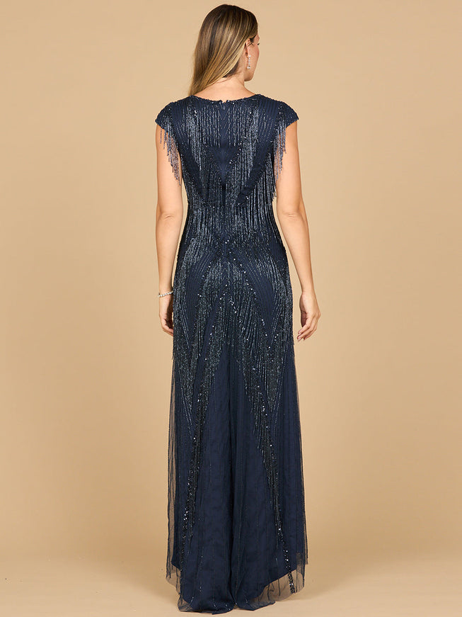 Lara 28858 - Beaded Fringe V-Neckline Dress with Cap Sleeves