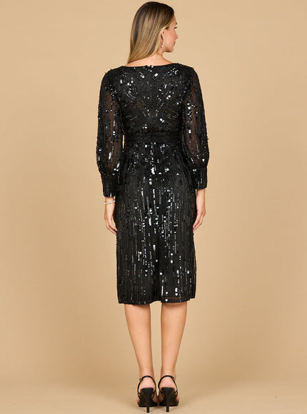 Lara 28855 - Beaded A-line Midi Dress with Long Sleeves