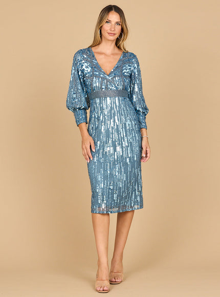 Lara 28855 - Beaded A-line Midi Dress with Long Sleeves Slate Blue