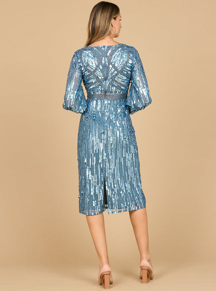 Lara 28855 - Beaded A-line Midi Dress with Long Sleeves