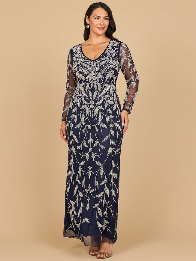 Lara 28870- Long Sleeve Contrast Beaded Gown Navy