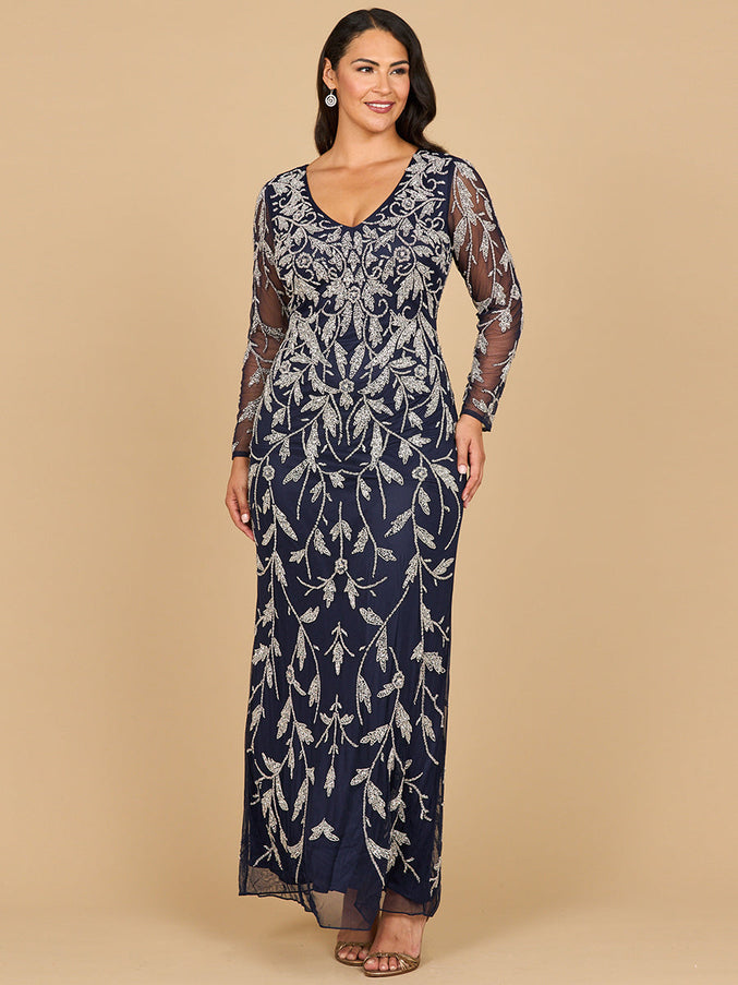 Lara New York 28870 Long Sleeve Contrast Beaded Gown Navy