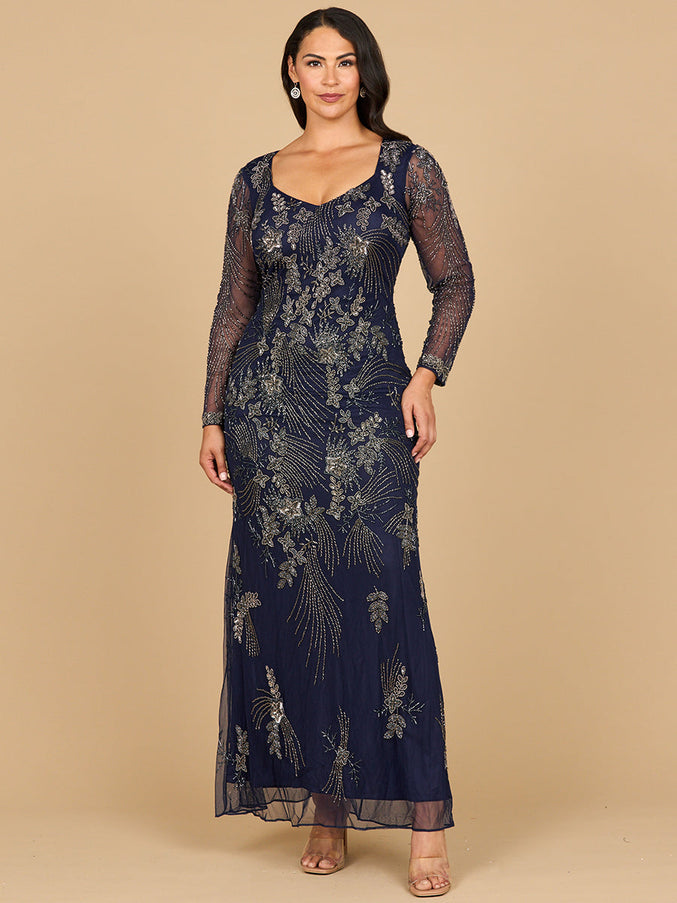 Long Sleeve Queen Anne Beaded Gown Navy