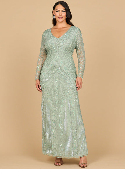 Lara 28875- Long Sleeve Geometric Beaded Gown Dark Sage