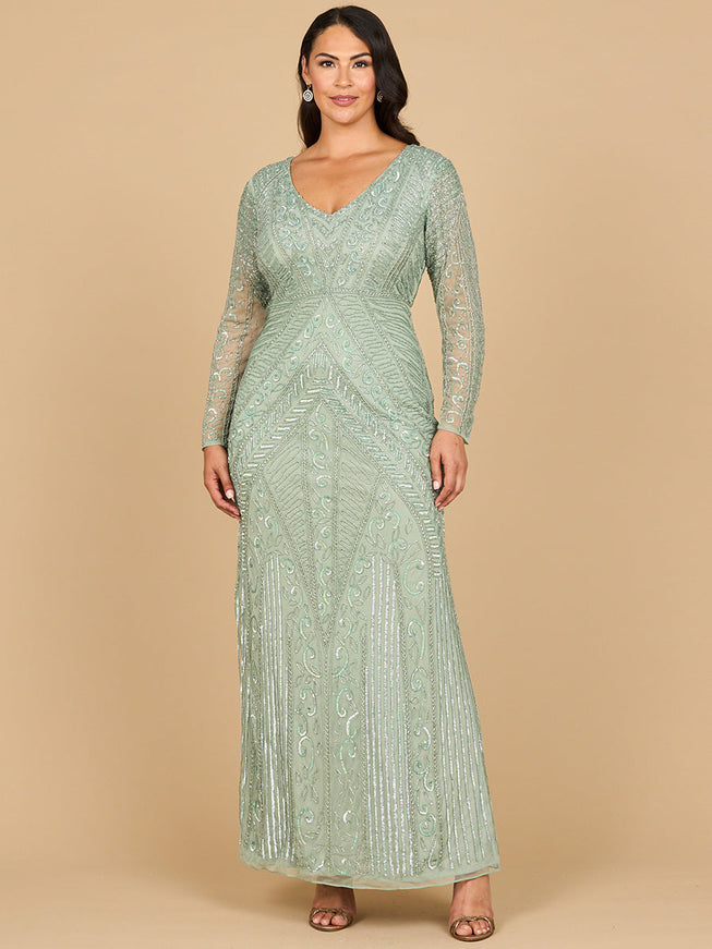 Lara 28875- Long Sleeve Geometric Beaded Gown Dark Sage