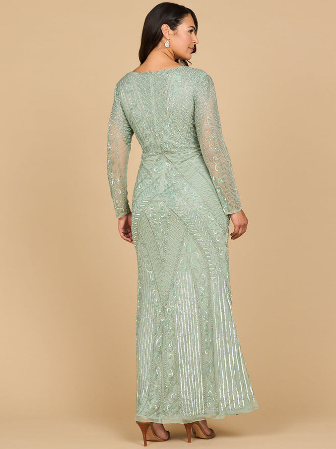 Lara 28875- Long Sleeve Geometric Beaded Gown