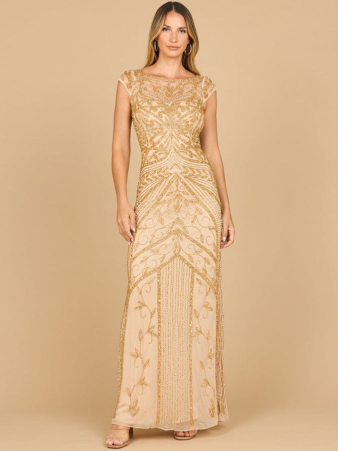 Lara New York 28876 Beaded Cap Sleeve Sheath Gown Gold