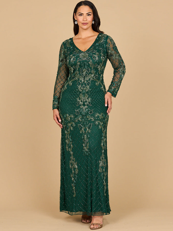 Lara New York 28877 Long Sleeve Contrast Beaded Gown Dark Green