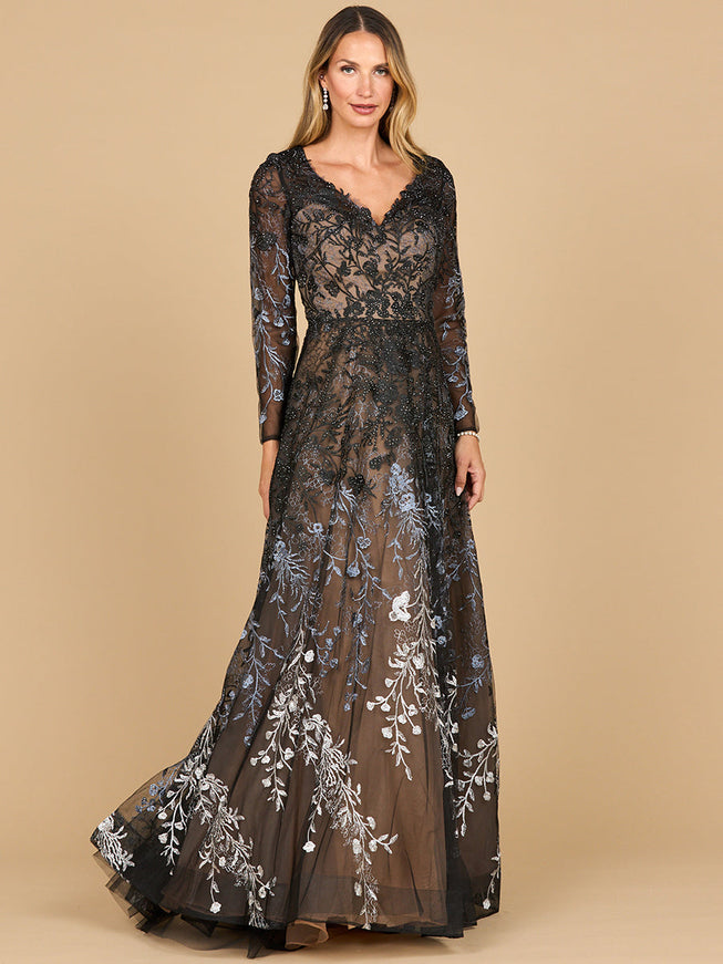 Lara 28878 Long Sleeve V-Neck Ombre Lace Gown Black Ombre