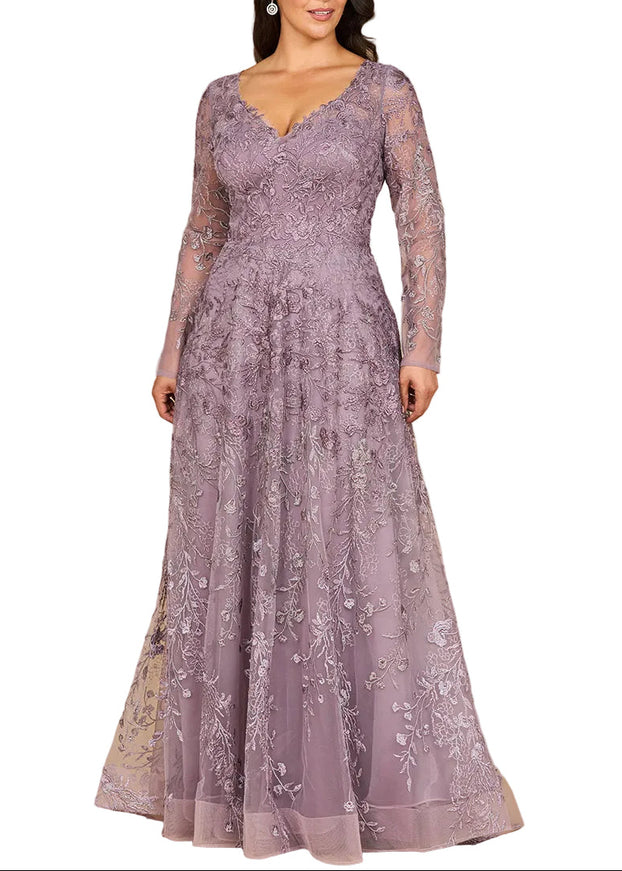 Lara 28878 Long Sleeve V-Neck Ombre Lace Gown Heather Ombre