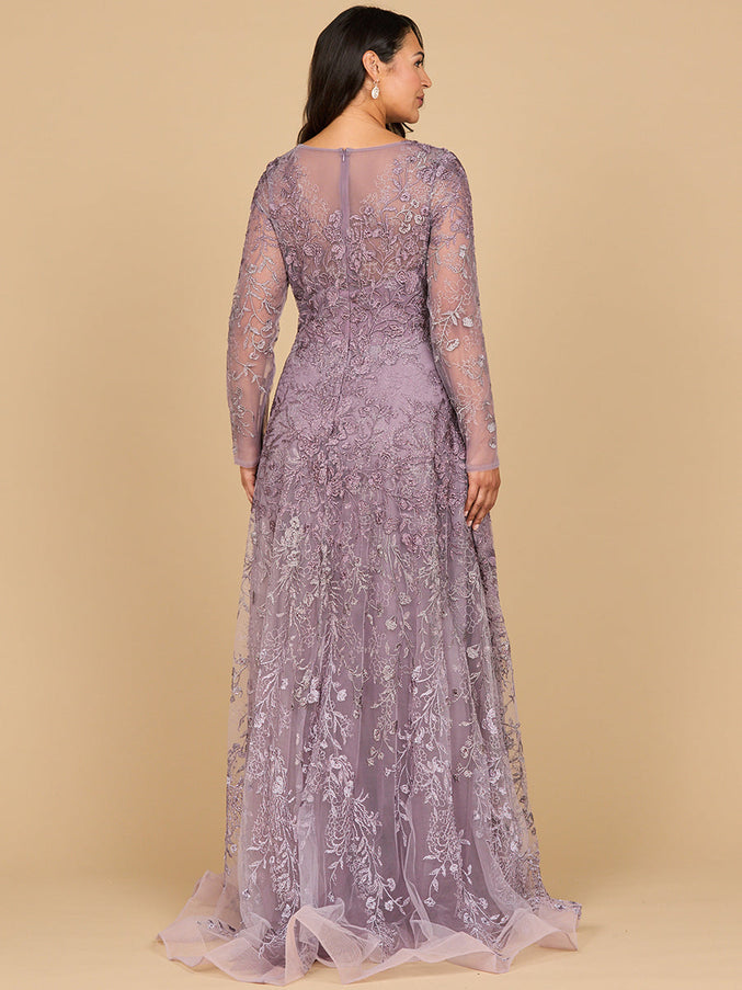Lara 28878 Long Sleeve V-Neck Ombre Lace Gown