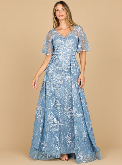 Lara 28880- Overskirt Lace Fitted V-Neck Gown with Cape Sleeves Blue