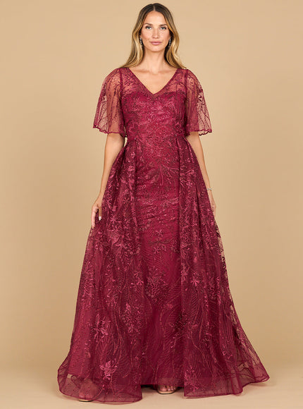 Lara 28880- Overskirt Lace Fitted V-Neck Gown with Cape Sleeves Dark Fuchsia