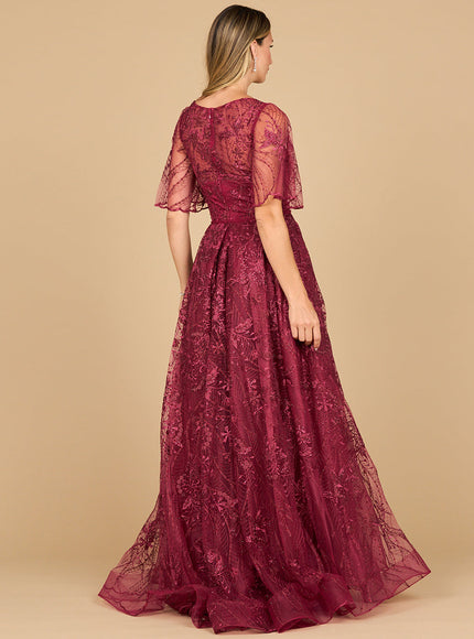 Lara 28880- Overskirt Lace Fitted V-Neck Gown with Cape Sleeves