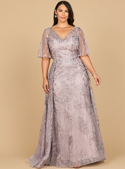 Lara 28880- Overskirt Lace Fitted V-Neck Gown with Cape Sleeves Dusty Lavender