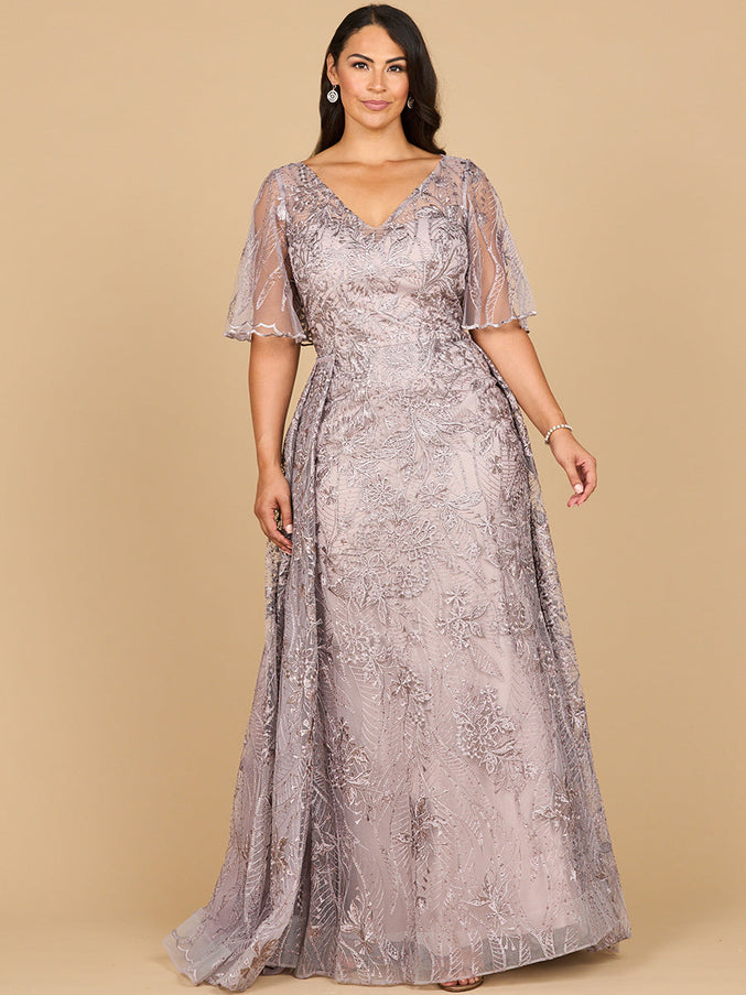 Lara 28880- Overskirt Lace Fitted V-Neck Gown with Cape Sleeves Dusty Lavender