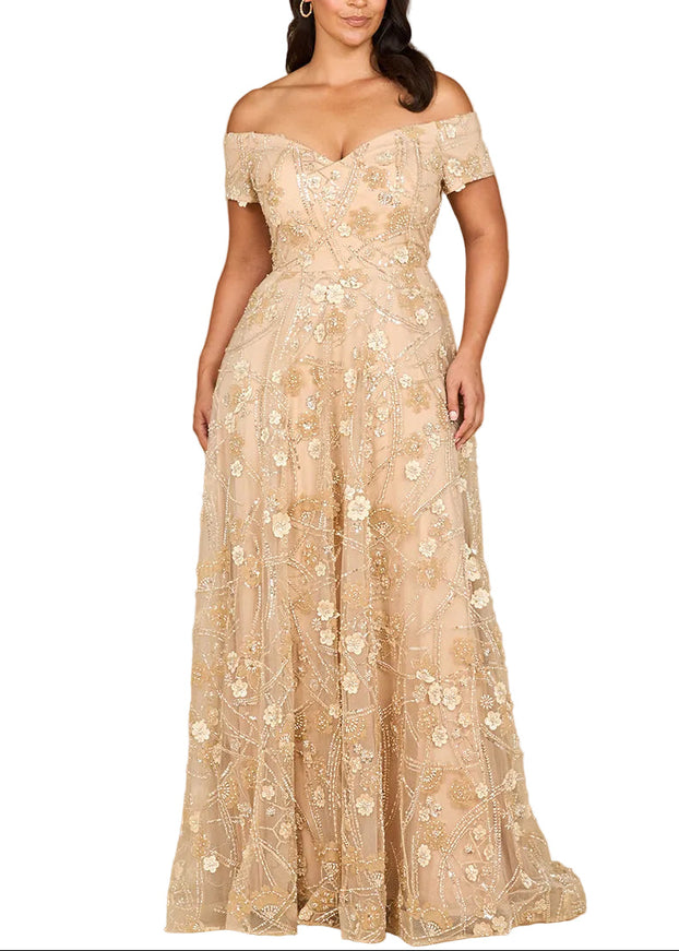 Lara 28882 Off Shoulder A-Line Floral Gown Taupe