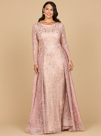 Lara 28883- Long Sleeve Gown with Overskirt & Illusion Neckline Blush