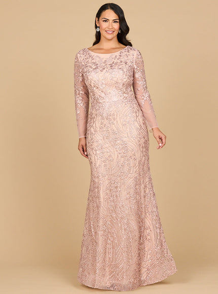 Lara 28883- Long Sleeve Gown with Overskirt & Illusion Neckline