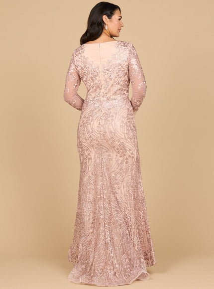 Lara 28883- Long Sleeve Gown with Overskirt & Illusion Neckline