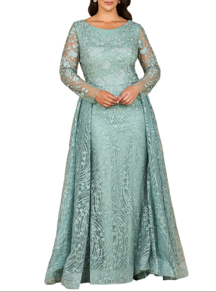 Lara 28883- Long Sleeve Gown with Overskirt & Illusion Neckline Sage
