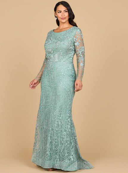 Lara 28883- Long Sleeve Gown with Overskirt & Illusion Neckline
